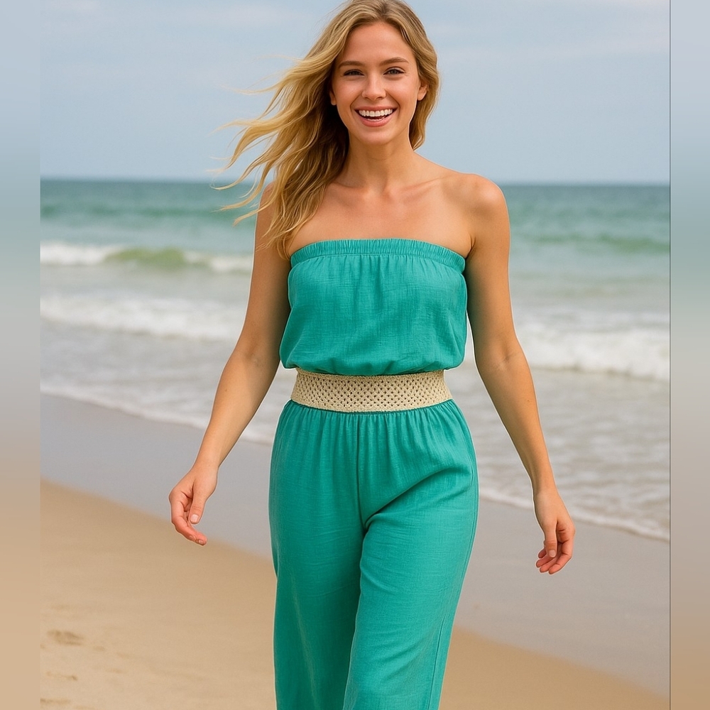 Chic Teal Two-Piece Set with Beige Accents.